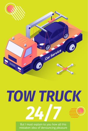 Poster Offering Tow Truck Service for Car Evacuation with Place for Advertising Text and Company Logo. Vector 3d Illustration with Isometric Evacuator Transporting Automobile to Repair Garageのイラスト素材
