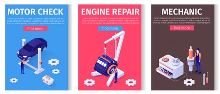 Car Service Mobile Oriented Set. Lettering Media Page with Isometric Masters Characters Working with Car and Engine Raised by Twin Post Lifts, Using Auto Tools and Equipment. Vector 3d Illustrationのイラスト素材