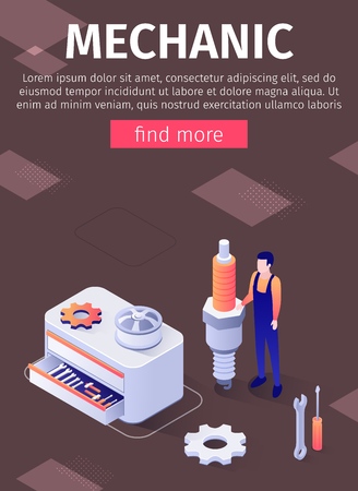 Poster Offers Mechanic Service in Modern Auto Repair Shop. Technician in Uniform Standing with Huge Spark Plug near Box with Wrenches, Spanners, Axes, Gear and Disk. Vector 3d Isometric Illustrationのイラスト素材