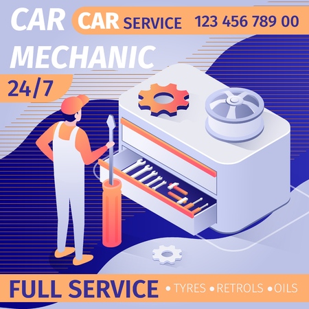 Advertisement for All-Day Car Mechanic Online Service. Professional Technician in Working Clothes Standing at Tool Box with Wrenches, Screwdrivers, Axes, Gear and Disk. Vector Isometric Illustrationのイラスト素材