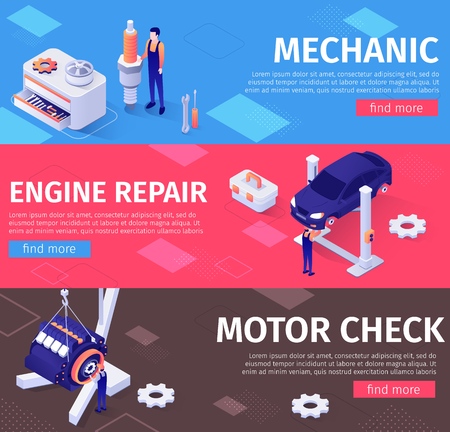 Set of Banners for Mechanic, Engine Repair and Motor Check Service. Master Standing near Huge Spark Plug, Tools Box, Man Repairing Car, Mechanician Testing Power Unit. Isometric Vector 3d Illustrationのイラスト素材