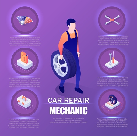 Car Repair Mechanic Infographic. Banner with Master Holding Wheel in Hand. Isometric Technical Elements such as Auto Tools, Fuel Tank, Scheduled Sign with Editable Text. Vector 3d Illustrationのイラスト素材