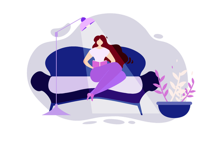Cartoon Happy Woman on Comfortable Couch with Book in Hand Reading Vector Illustration. Home Evening Rest, Relax Cozy Apartment, Reader Hobby, Literature Study, Education Student Learning Leisureのイラスト素材