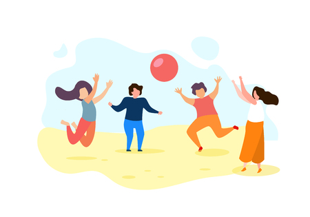 Happy Cartoon Children Play Ball Outdoors Vector Illustration. Summer Holidays, Beach Recreation, Sport. Woman Mother Fun Childhood. Family Vacation, Frienship, Baby Activity Kindergartenのイラスト素材