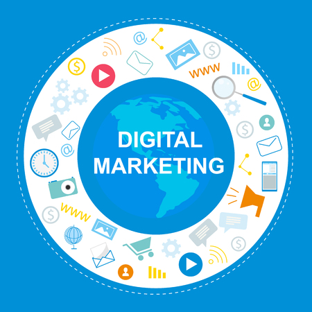 Digital Marketing Banner. Internet Symbol, Social Media, Promotion Vector Illustration. Advertisement Strategy, Online Business, Network Service, Financial Analysis, Global Market, Seo Technologyのイラスト素材