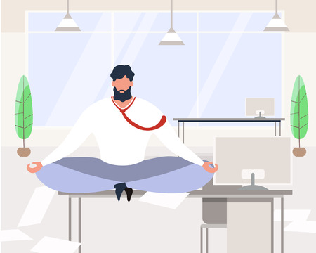 Cartoon Businessman Meditating Sit on Table at Office Room Vector Illustration. Lotus Pose, Meditation Break, Indoors Workplace Relaxation. Male Worker Stress Relief, Work Pause, Employee Restのイラスト素材