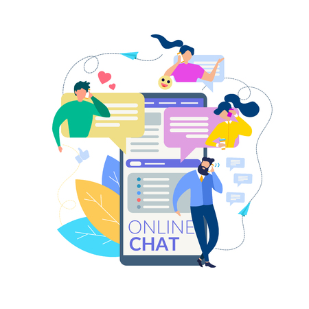 Cartoon People Talk on Mobile Phone. Messenger Interface Vector Illustration. Man Speak on Smartphone. Woman Call Friend. Conversation Online. Message Love Flirt Dialog Communication SMS Serviceのイラスト素材