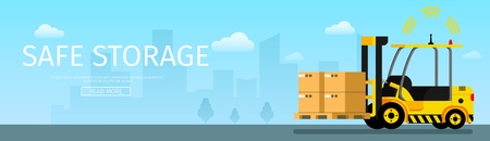 Safe Storage Weight on Automatic Forklift Car. Side View of Yellow Robotic Mechanical Loader Driving Cardboard Box with Barcode. Signal Radar Working. Flat Cartoon Vector Illustrationのイラスト素材