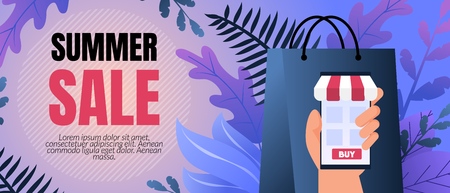 Vector Illustration is Written Summer Sale Buy. Buying and Ordering Clothes at Super Low Prices. Mobile Application for Purchase Goods in  Online Store. Hot Discount Offer and Invitation.のイラスト素材