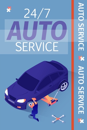 Media or Printable Advertisement for Fulltime Car Service. Isometric Car on Adjustable Jack and Repairman Standing Near and Replacing Wheel or Brake Fluid, Checking Skid Shoe. Vector 3d Illustrationのイラスト素材