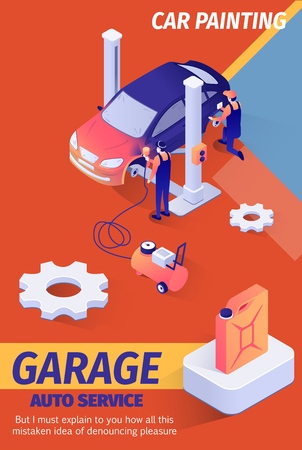 Car Garage Offers Painting Service. Promo Poster with Isometric Steel Tank with Working Auto Liquid, Gears Icons and Team of Painters Putting New Color on Vehicle Body. Vector 3d Illustrationのイラスト素材