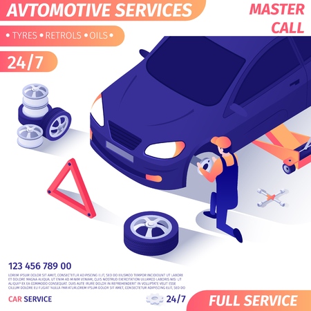 Advertising Banner for Master Call for Wheel Replacement. Professional Mechanic Removing Disk with Tire for Repair Car on Adjustable Jack. Vector Isometric 3d Illustration Design for Promotion Posterのイラスト素材