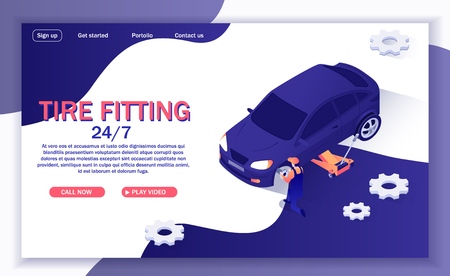 Landing Page for Online Round-the-Clock Car Service Offers Tire Fitting. Vector 3d Illustration with Isometric Car on Adjustable Jack and Place for Text. Master Repairs Automobile, Replaces Wheelsのイラスト素材