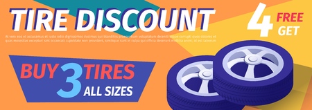 Advertisement Offering Car Tire Discount. Realistic Isometric Auto Wheels and Editable Text. Vector 3d Illustration on Color Backdrop. Promotion Header Banner for Automotive Service, Garageのイラスト素材