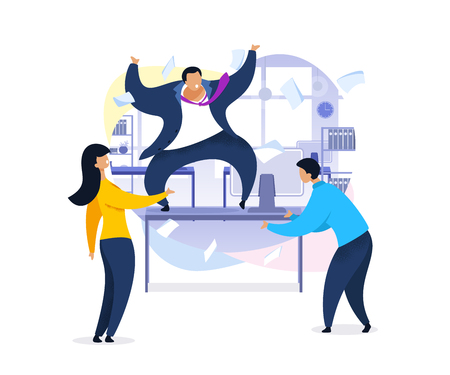 Work Rush, Office Chaos, Flat Vector Illustration. Employer Shouting at Employees. Nervous, Stressed Office Workers Arguing. Angry Boss on Desk. Documents Flying. Cartoon Characters Conceptのイラスト素材