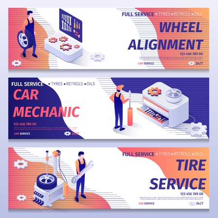 Set of Banners for Repair and Tire Fitting Service. Lettering Templates with Inscription Wheel Alignment, Car Mechanic, Tire Service. Repairmen and Mechanics at Work. Vector 3d Isometric Illustrationのイラスト素材
