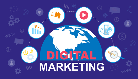 Digital Marketing Banner. Global Market. Social Media Advertisement Vector Illustration. Advertising Ecommerce, Financial Profit, Online Promotion, Internet Business, Share Technology SEOのイラスト素材