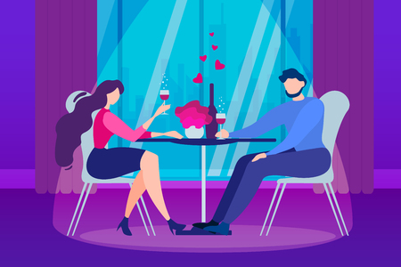 Cartoon Man and Woman Couple. Romantic Evening Restaurant Table Vector Illustration. Anniversary Celebration, Boyfriend Girlfriend Dating, Relationship. Indoors Dinner at Kitchen Room Love Dateのイラスト素材