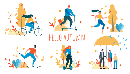 Hello Autumn Background. Cartoon People Outdoors Activity Vector Illustration. Man and Woman Cycling, Running, Ride Bicycle, Skateboad, Scooter, Hoverboard. Family Walk Rain Umbrella Nature Recreationのイラスト素材