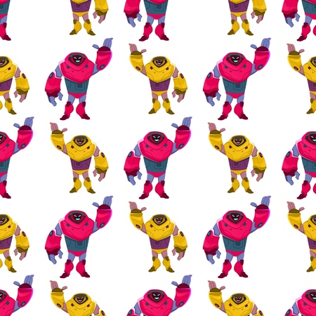 Multi-colored Design New Generation Robot Seamless Pattern. Futuristic Android, Imitating Human Behavior. Future Generation Technology. Bright Colorful Robot Waving Mechanical Hand, Welcoming.のイラスト素材