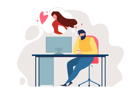 Cartoon Man Sit on Chair at Office Table in Romantic Mood Think Love Relationship Dream Woman Vector Illustration. Colleague Dating, Corporate Romance, Sexual Female Worker Flirt at Workplaceのイラスト素材
