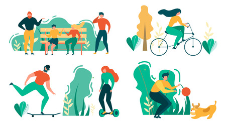 Cartoon People Outdoors Activity. Man and Woman Talk on Bench, Park Walk, Cycling, Ride Skateboard Hoverboard, Play with Dog Pet Vector Illustration. People Recreation Sport Training Healthy Lifestyleのイラスト素材