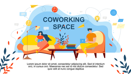 Cartoon People Work in Comfortable Room. Coworking Space Vector Illustration. Man Sit in Armchair Woman on Sofa. Interior Indoors. Online Freelance Worker, Entrepreneur Freelancer, Remote Job Teamworkのイラスト素材