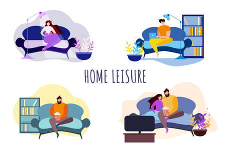 Cartoon People at Home. Leisure Evening Entertainment Vector Illustration. Couple Watch TV Show, Girl Read, Man with Notebook Work Online. Male Sit on Sofa with Popcorn. Family Night Indoors Relaxのイラスト素材