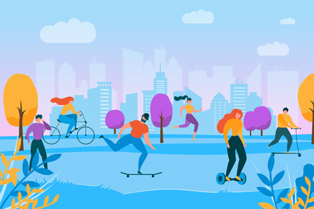Cartoon People in Park. City Building Silhouette Panorama Vector Illustration. Man Woman Outdoors Activity. Cycling Run Jogging, Ride Scooter Hoverboard Skateboard, Walk. Sport Training. Healthy Lifeのイラスト素材