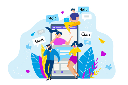 Cartoon People Call Mobile Phone. Foreign Greeting Vector Illustration. Salut Ciao Hola Hello Phrase. International Conversation, Language Learning, Global Communication. Friend Talk Smartphoneのイラスト素材