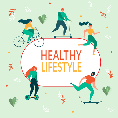 Cartoon People Healthy Lifestyle. Outdoors Activity Vector Illustration. Man and Woman Cycling, Skateboading, Running. Ride Bicycle Self-balancing Scooter Hoverboard. Nature Recreation Sport Trainingのイラスト素材