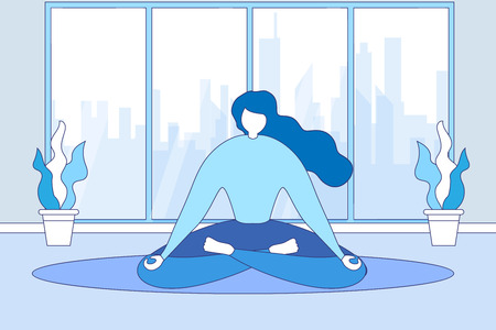 Cartoon Woman Meditate Indoors Sitting on Living Room Floor near Window Vector Illustration. Home Yoga Practice in Lotus Pose. Mindfulness, Relaxation, Body Concentration, Emotional Harmony Zenのイラスト素材