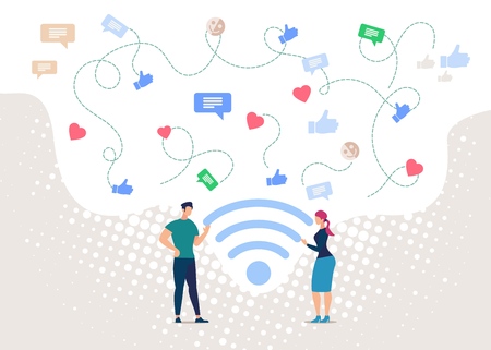People Communicating in Social Network, Wireless Public Internet Access Point Flat Vector Concept with Man and Woman Standing near WiFi Sign, Talking, Messaging, Sharing Opinions Online Illustration.のイラスト素材