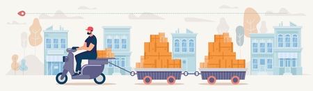 City Mobile Delivery Company, Shop Goods Shipment Service Flat Vector Concept. Man Riding Scooter on City Street, Pulling Trailers Full of Cardboard Boxes, Transporting Parcels to Clients Illustrationのイラスト素材
