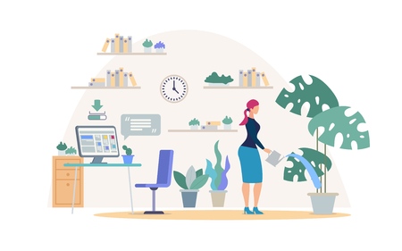 Comfortable Place for Work Flat Vector Concept. Businesswoman, Female Company Employee, Freelancer Watering Flowerpot in Modern Office Room with Computer on Work Desk, Bookshelves on Wall Illustrationのイラスト素材
