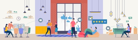 Developing Online Shop Flat Vector Concept. People Using Cellphones, Choosing and Buying Goods in Internet, Receiving Delivery, Set Goods Rating. Programmers Testing Clients Interface Illustrationのイラスト素材