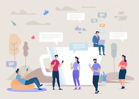 Social Network Community Flat Vector Concept. People Using Cellphones, Businessman Working on Laptop, Messaging with Friend, Colleagues Online, Following, Communicating in Social Network Illustrationのイラスト素材