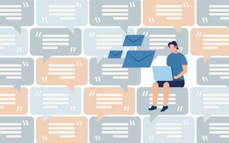 Distant Work, Communication in Social Network, Mass Mailing and Spam, Client Support Flat Vector Concept. Man Sitting with Laptop on Knees, Working Online, Messaging, Mailing in Internet Illustrationのイラスト素材