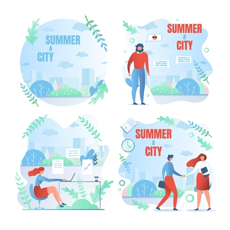Set Working Weekdays, Written Summer and City. People Work in Summer in Big City. Men and Women Finish Working Week and are Going to Rest. Girl Working in Office. Vector Illustration.のイラスト素材