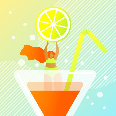 Fresh Juicy Summer Cocktail Vector Illustration. Foreground an Orange Drink in Glass Container with Straw. Girl in Swimsuit Holding Big Slice Lemon. Juicy Fresh Summer Drink Beautiful Glass.のイラスト素材
