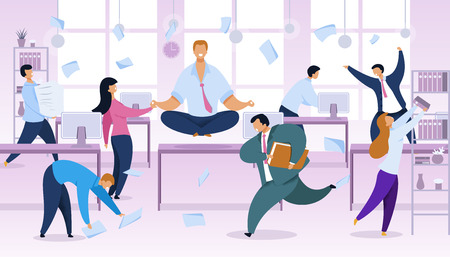 Work Rush, Office Routine Vector Illustration. Businessman in Lotus Position at Workplace. Working-Day, Chaos Color Cartoon Clipart. Time Management Concept. Busy, Stressed Employees Fussingのイラスト素材