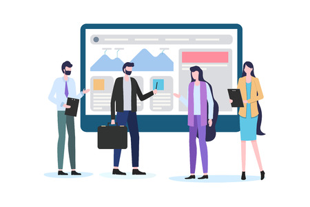 Businessman Show Chart Report on Screen Man Woman Office Worker Vector Illustration. Business Company Manager People Team Analysis Profit Graph Growth Discuss Sucess Strategy Teamworkのイラスト素材