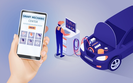 Mobile Application of Smart Mechanic Center Online. Male Hand Holds Phone with Running Auto Maintenance and Repair Shop App. Master and Testing Car with Opened Hood. Vector 3d Isometric Illustrationのイラスト素材