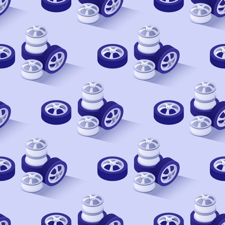 Seamless Pattern with Stack of Wheels, Shiny Disks and Tyres. Isometric Banner or Texture with Shadows for Modern Automobile Maintenance, Repair and Tire Fitting Shop. Vector 3d Illustrationのイラスト素材