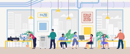 Daily Work and Office Routine Flat Vector Concept. Multinational Employees Sitting at Desk, Working on Computer, Doing Standard Paperwork, Communicating with Colleagues in Company Office Illustrationのイラスト素材