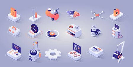 Car Repair Service Concept. Vector Isometric 3d Illustration. Icons Set of Tools, Instrument, Diagnostic Checkup Equipment, Tires, Gear, Steering Wheels, Oil or Gasoline Tank, Schedule Mode Signboard.のイラスト素材