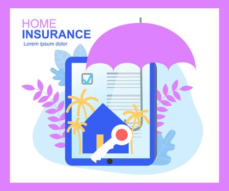 Home Insurance Contract Sign Umbrella Protection House Key Vector Illustration.のイラスト素材