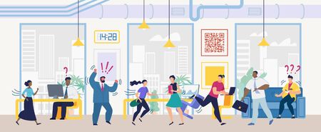 Angry Boss Screaming on Employees Because of Mistakes, Project Deadline Fail, Scared Office Workers Running Away from Mad, Aggressive Colleague Cartoon Vector Illustration. Stress at Work Conceptのイラスト素材