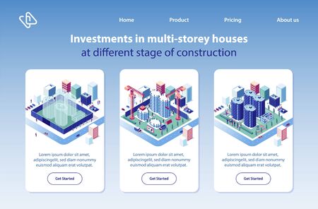 Multi-storey Houses Construction Investment Project Isometric Vector Vertical Web Banners Set. City Apartment and Condominium Complex Advertising Banners. Real Estate Company Landing Pages Collectionのイラスト素材
