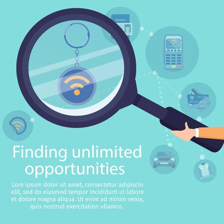 Finding Unlimited Opportunities with NFC Technology Flat Vector Banner. Near Field Communication Services Promo Poster Template. Human Hand Holding Magnifying Glass, Magnifying NFC Tag Illustrationのイラスト素材